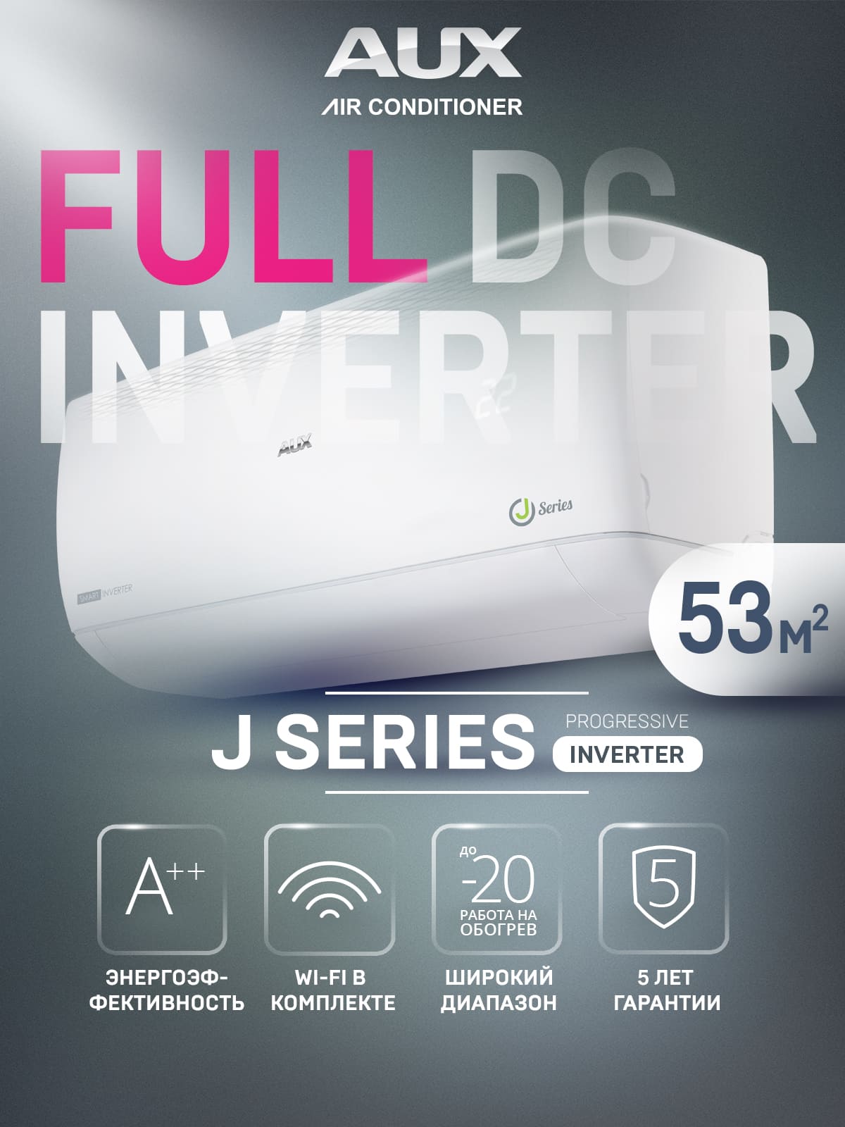 Настенная сплит-система AUX серии J Progressive series Inverter ASW-H18A4/JD-R2DI (v1) + AS-H18A4/JD-R2DI (v1), белый